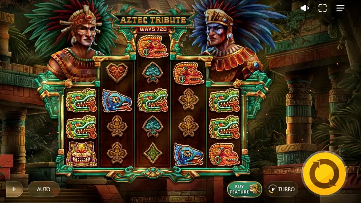 Tampilan visual slot Aztec Tribute dengan latar belakang hutan dan reruntuhan piramida