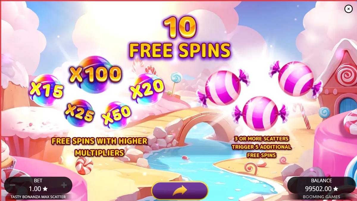 Tampilan visual slot Tasty Bonanza Max Scatter dengan simbol permen yang cerah dan berwarna-warni.