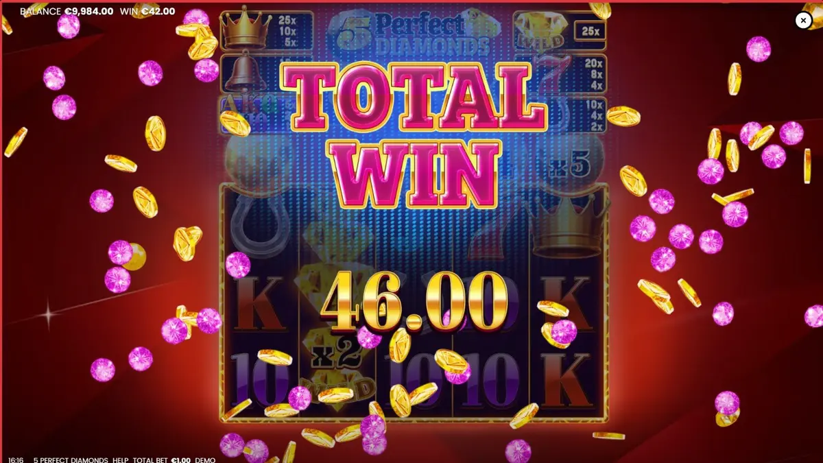 Tampilan visual mesin slot 5 Perfect Diamonds dengan latar belakang merah dan simbol berlian