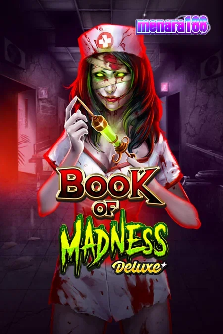 Tampilan visual slot Book of Madness Deluxe dengan tema horor rumah sakit jiwa